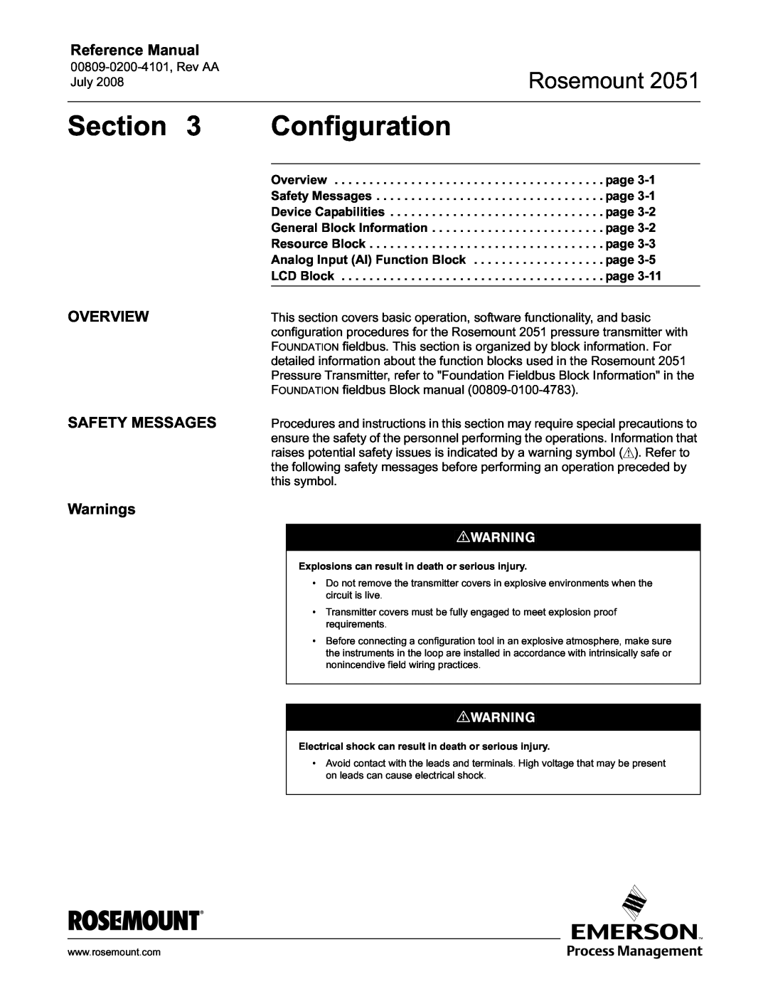 Emerson Process Management 2051 Configuration, Section, Rosemount, Reference Manual, OVERVIEW SAFETY MESSAGES Warnings 