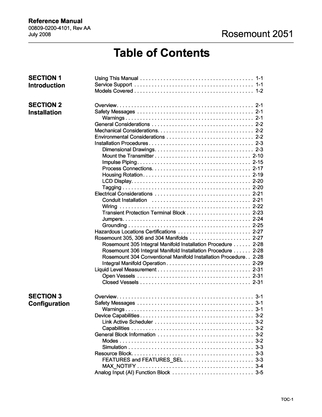 Emerson Process Management 2051 Table of Contents, Introduction Installation, Configuration, Rosemount, Reference Manual 