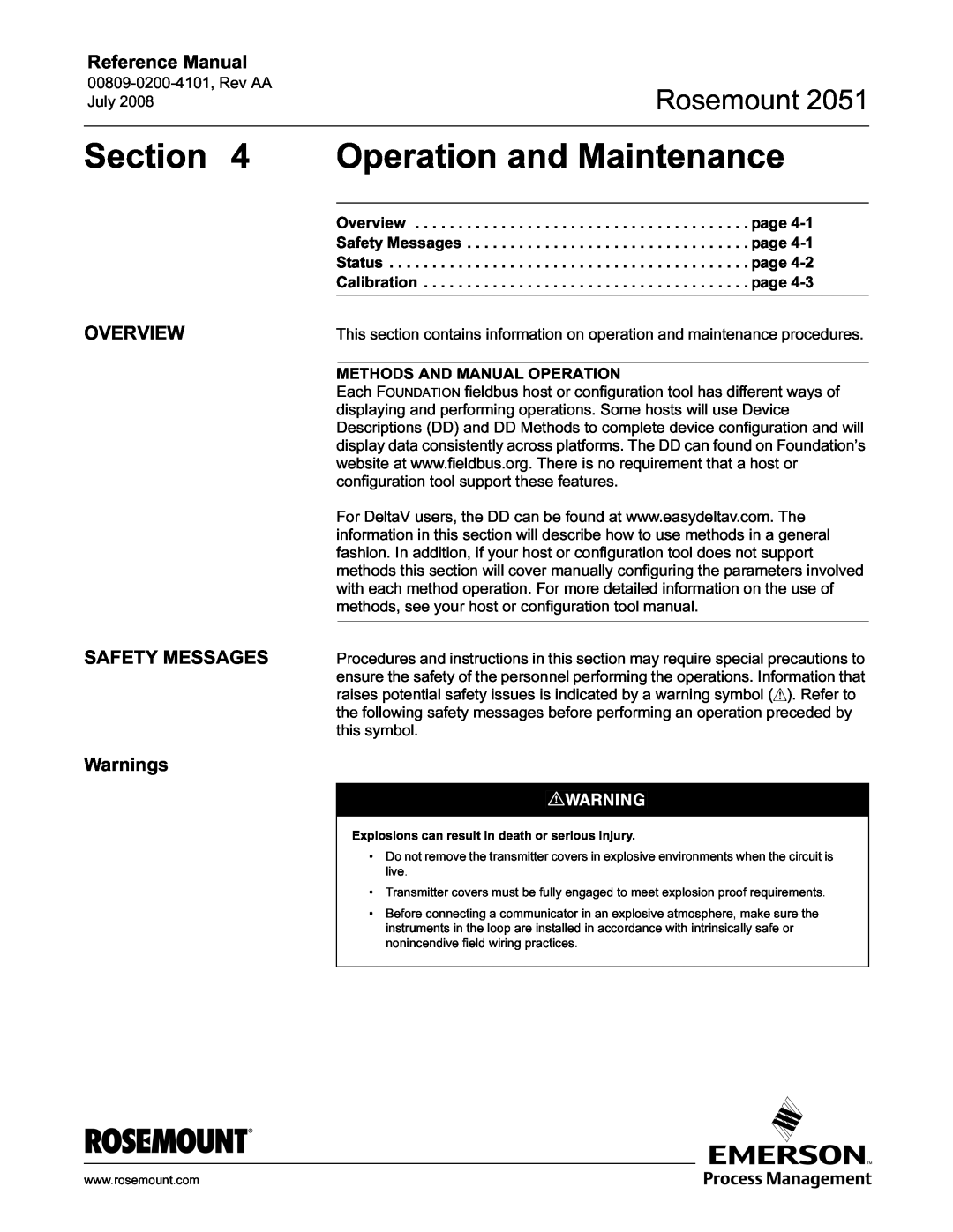 Emerson Process Management 2051 Operation and Maintenance, Rosemount, Reference Manual, OVERVIEW SAFETY MESSAGES Warnings 