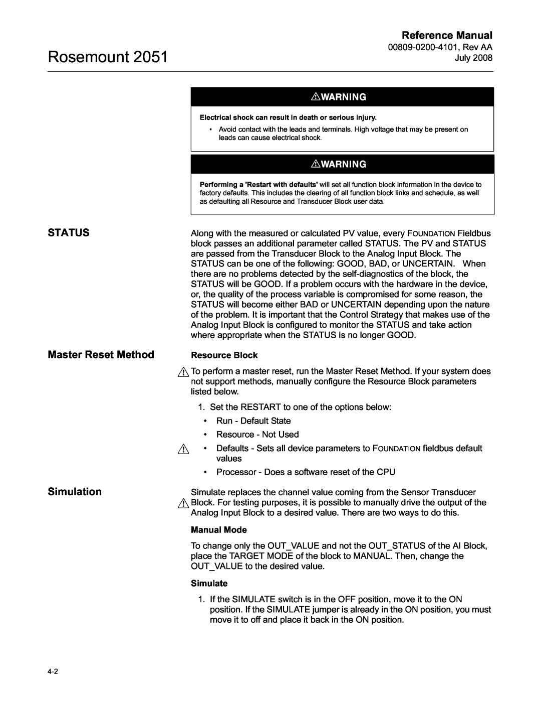 Emerson Process Management 2051 manual STATUS Master Reset Method Simulation, Rosemount, Reference Manual 