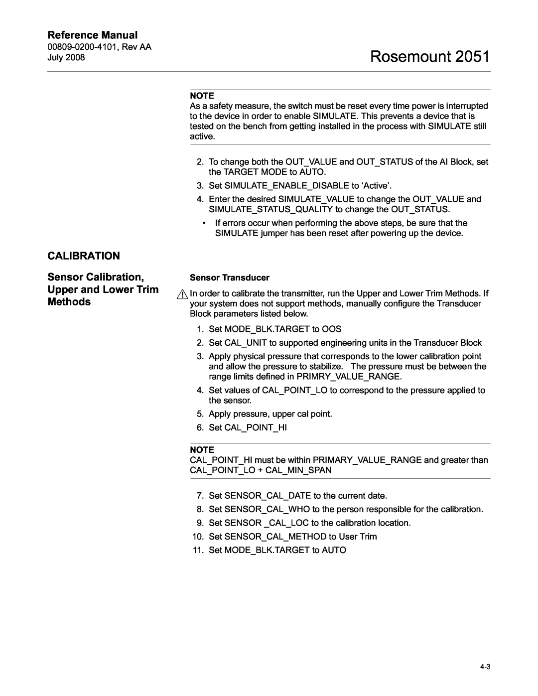 Emerson Process Management 2051 CALIBRATION Sensor Calibration, Upper and Lower Trim Methods, Rosemount, Reference Manual 