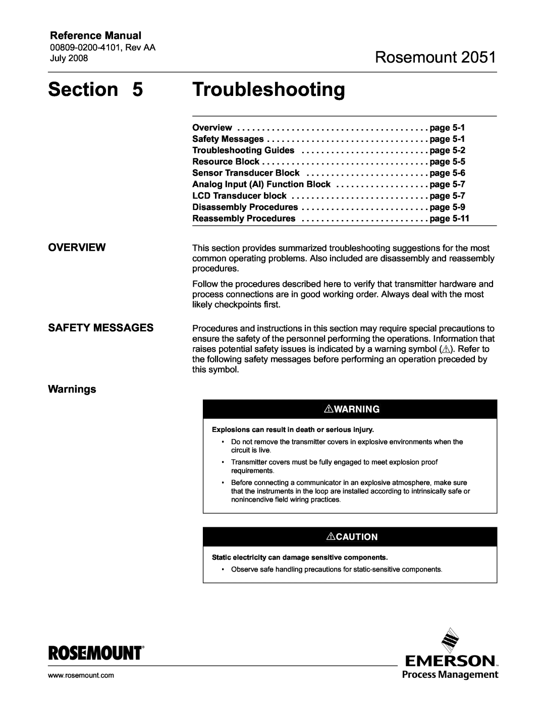 Emerson Process Management 2051 manual Troubleshooting, Rosemount, Reference Manual, OVERVIEW SAFETY MESSAGES Warnings 