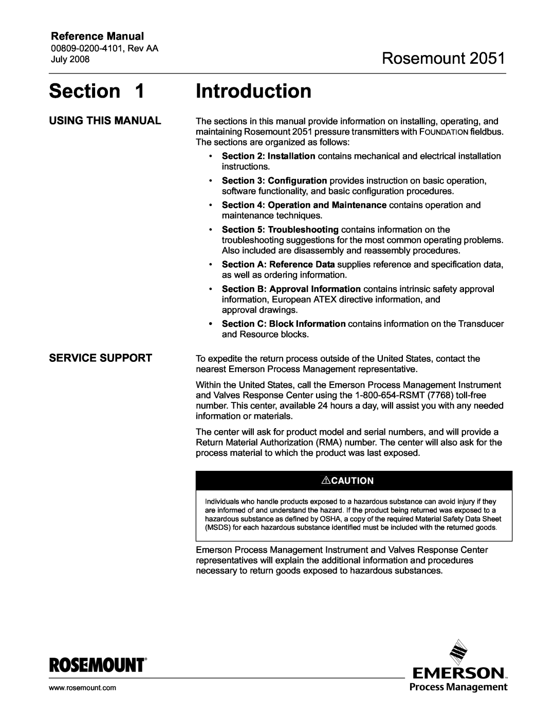 Emerson Process Management 2051 Section, Introduction, Using This Manual Service Support, Rosemount, Reference Manual 