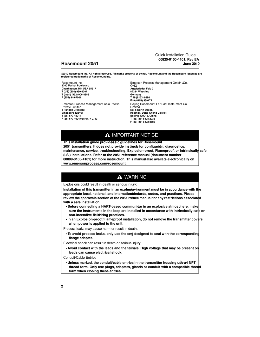 Emerson Process Management 2051CF manual Explosions could result in death or serious injury, Conduit/Cable Entries 