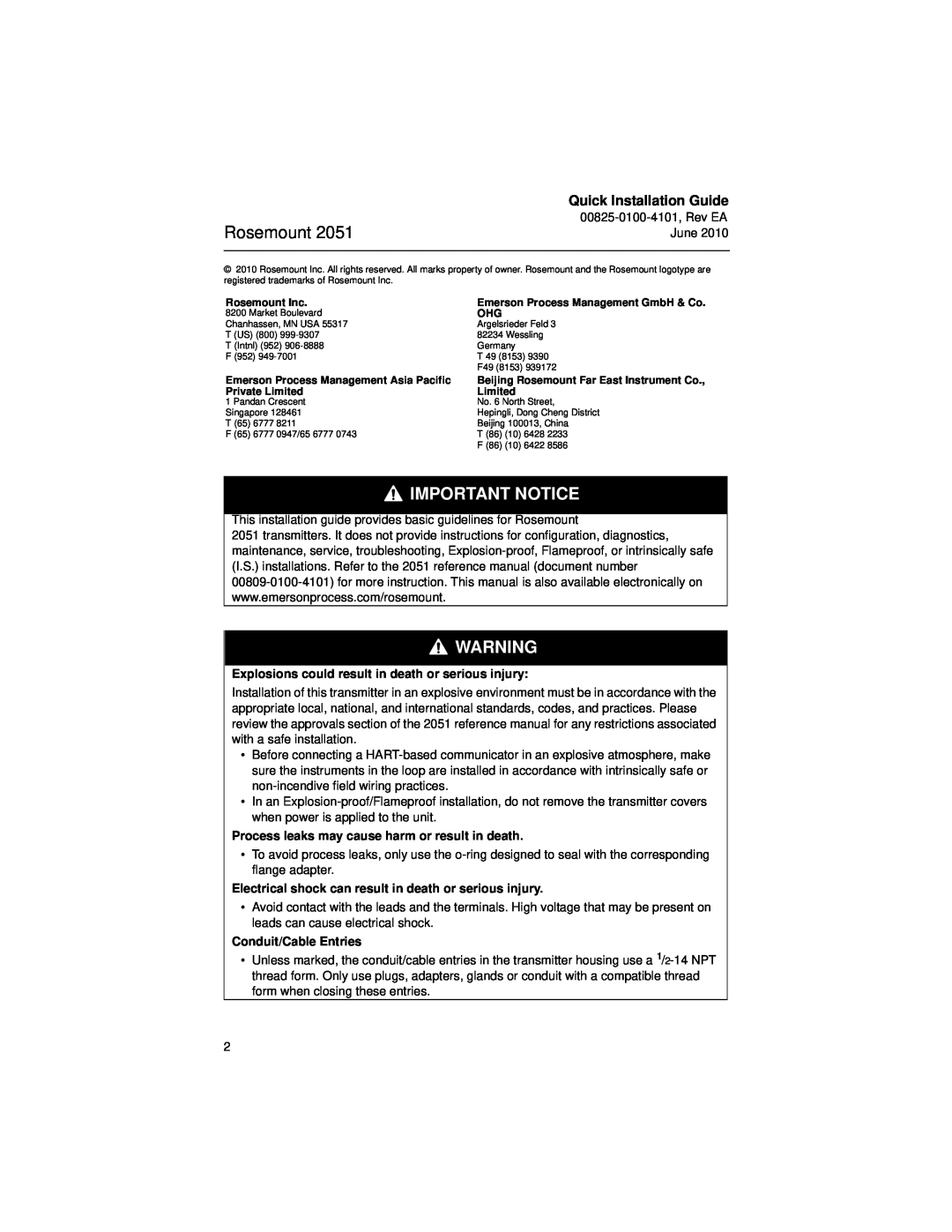 Emerson Process Management 2051CF manual Rosemount, Important Notice, Quick Installation Guide, Conduit/Cable Entries 
