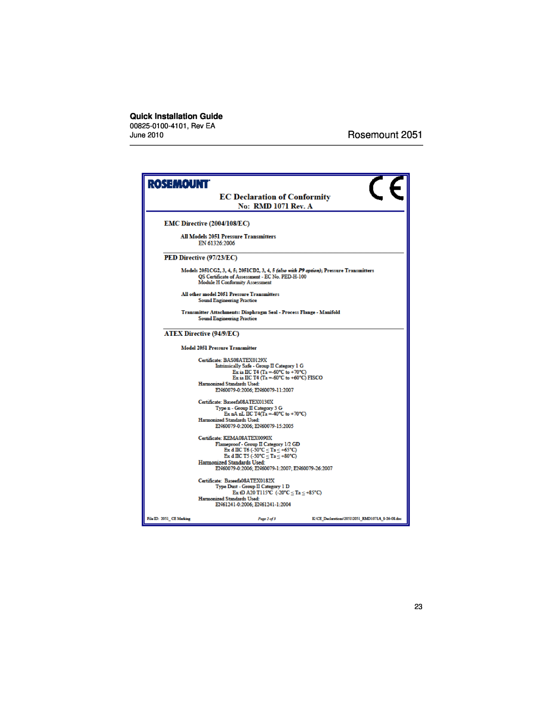 Emerson Process Management 2051CF manual Rosemount, Quick Installation Guide, 00825-0100-4101,Rev EA June 