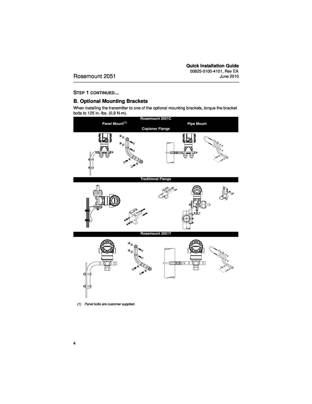 Emerson Process Management 2051CF manual Rosemount, B. Optional Mounting Brackets, Quick Installation Guide, Continued 