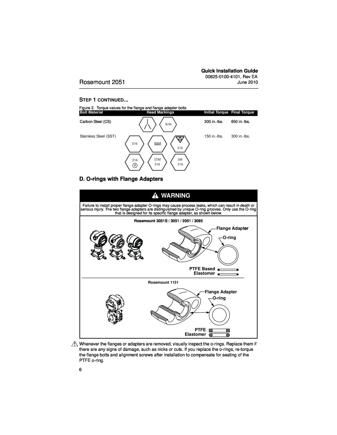 Emerson Process Management 2051CF Rosemount, D. O-ringswith Flange Adapters, Quick Installation Guide, Continued, Ptfe 