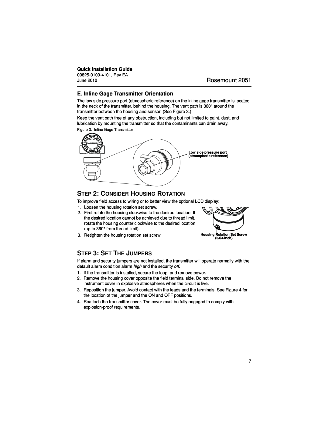 Emerson Process Management 2051CF manual Rosemount, E. Inline Gage Transmitter Orientation, Consider Housing Rotation 