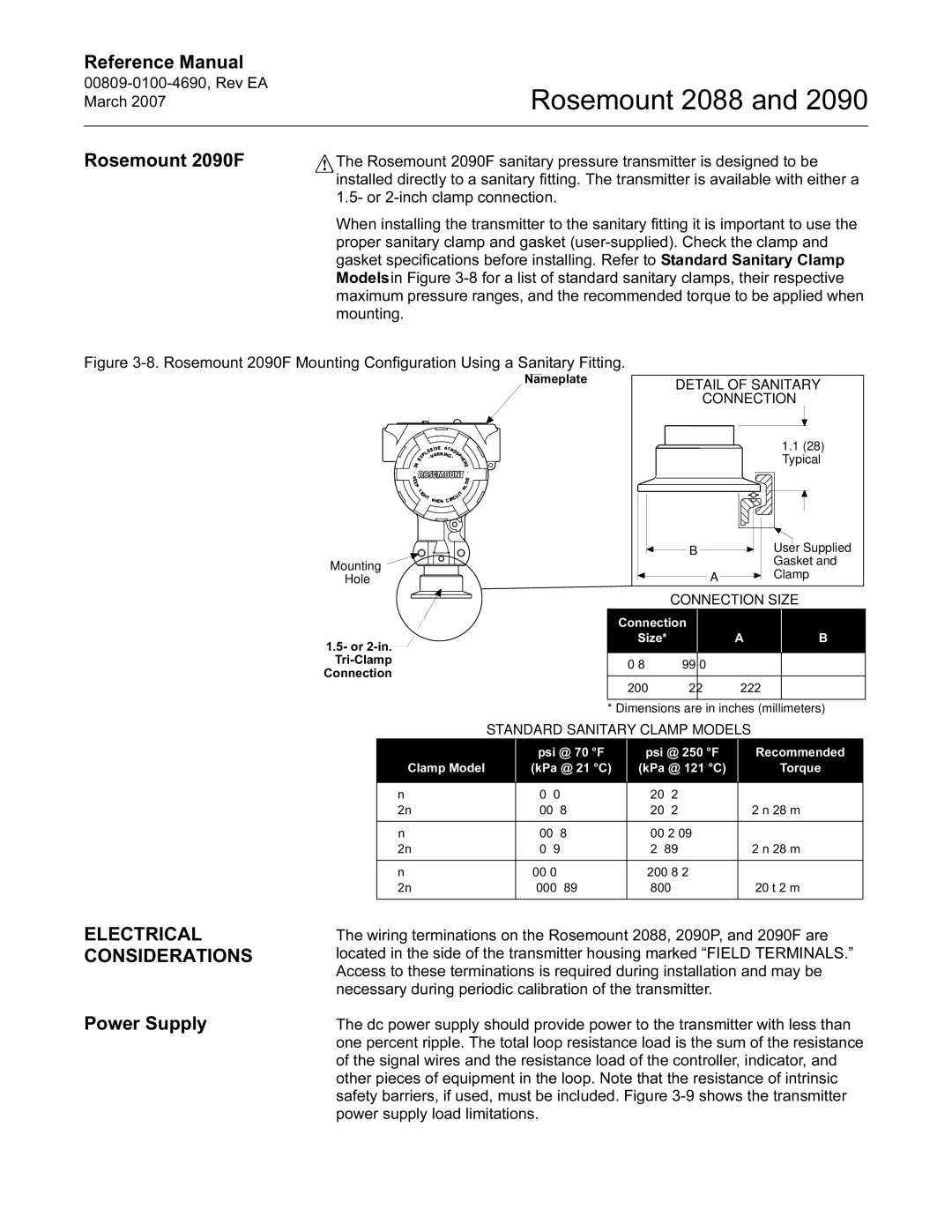 Emerson Process Management 2088 manual Rosemount 2090F, Electrical Considerations, Power Supply 