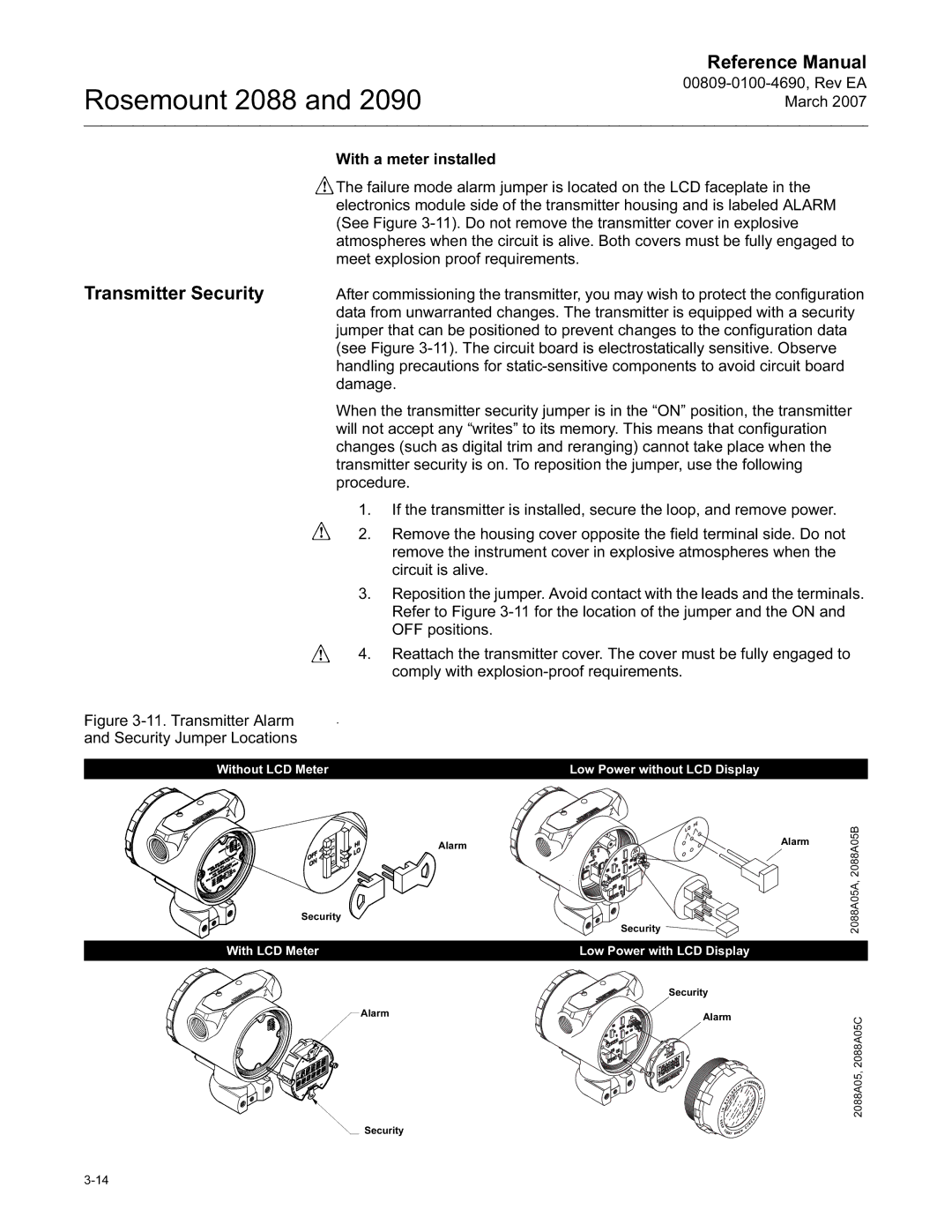 Emerson Process Management 2090, 2088 manual Transmitter Security, Transmitter Alarm Security Jumper Locations 