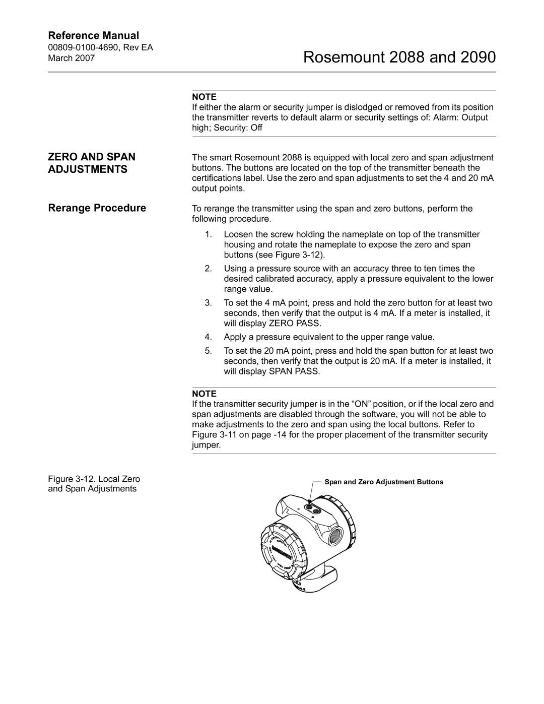 Emerson Process Management 2088, 2090 manual Zero and Span Adjustments, Rerange Procedure 