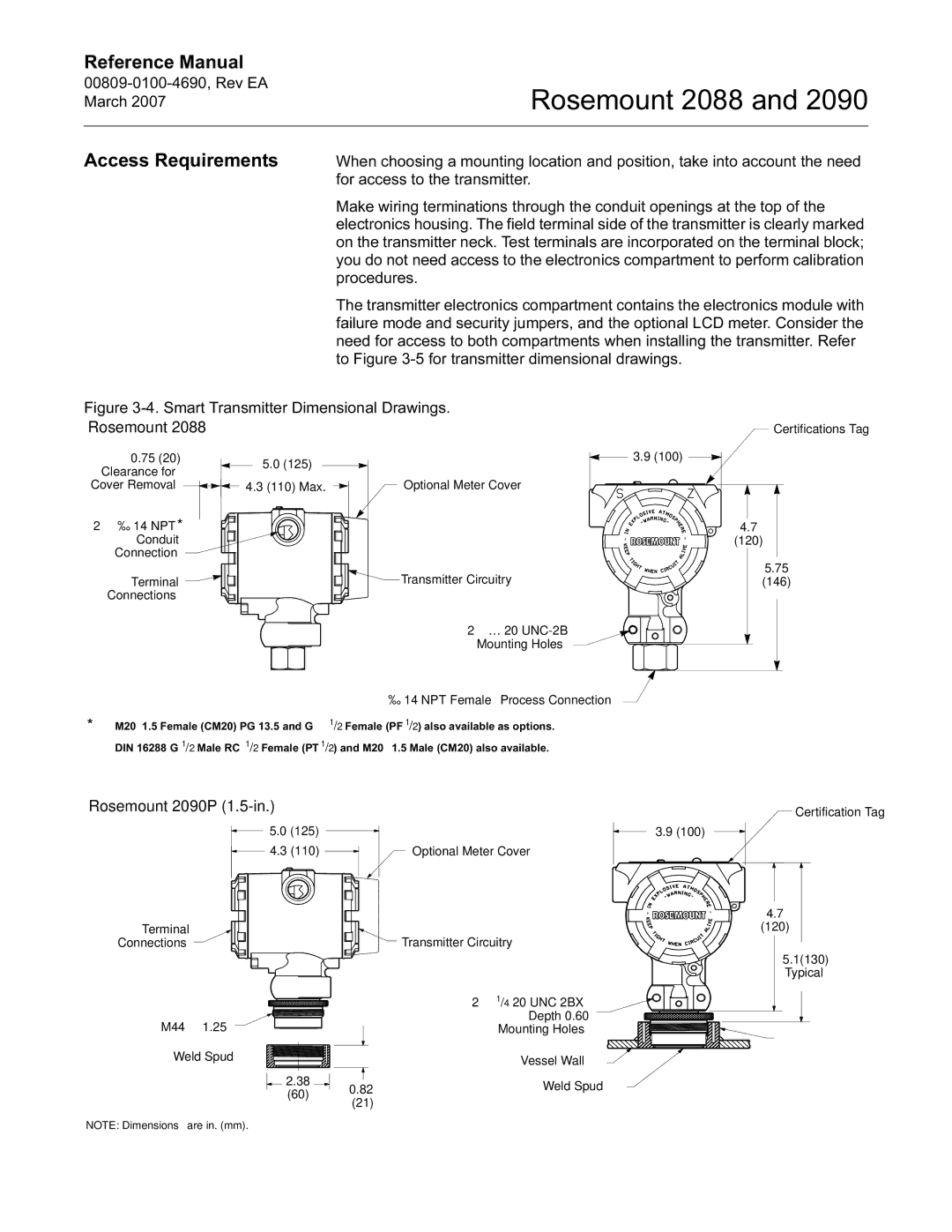 Emerson Process Management 2088 manual Access Requirements, Rosemount 2090P 1.5-in 