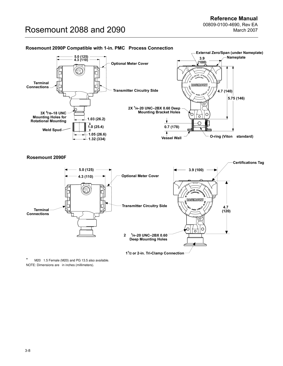 Emerson Process Management 2088 manual Rosemount 2090P Compatible with 1-in. PMC Process Connection 