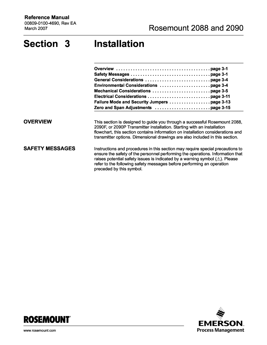 Emerson Process Management manual Rosemount 2088 and, Reference Manual, Overview Safety Messages, Section, Installation 