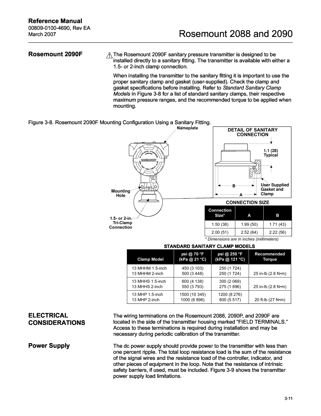 Emerson Process Management manual Rosemount 2090F, ELECTRICAL CONSIDERATIONS Power Supply, Rosemount 2088 and 