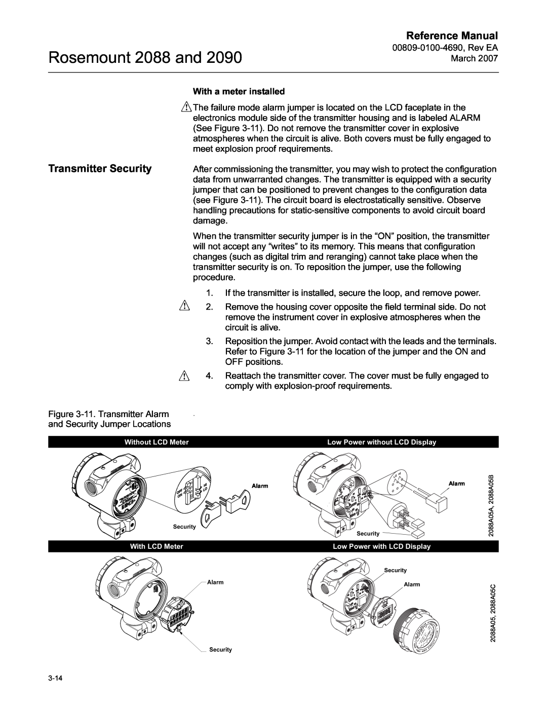 Emerson Process Management 2090 manual Transmitter Security, Rosemount 2088 and, Reference Manual 