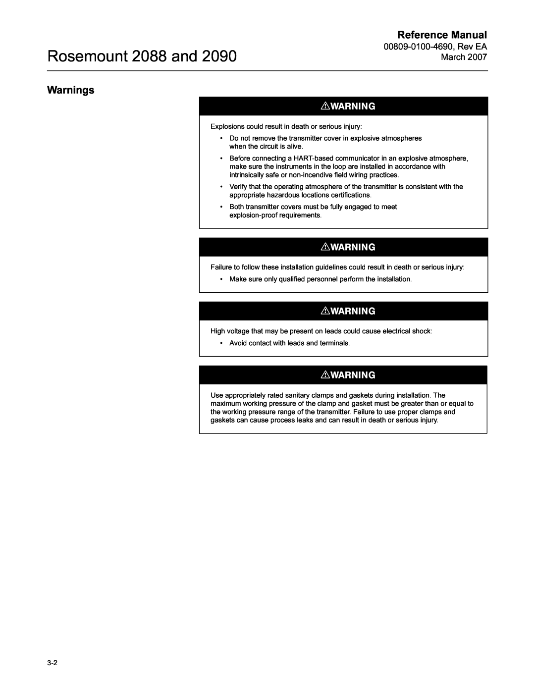Emerson Process Management 2090 manual Warnings, Rosemount 2088 and, Reference Manual 