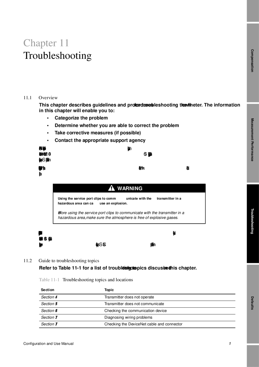 Emerson Process Management 2400S Guide to troubleshooting topics, 1Troubleshooting topics and locations, Section Topic 