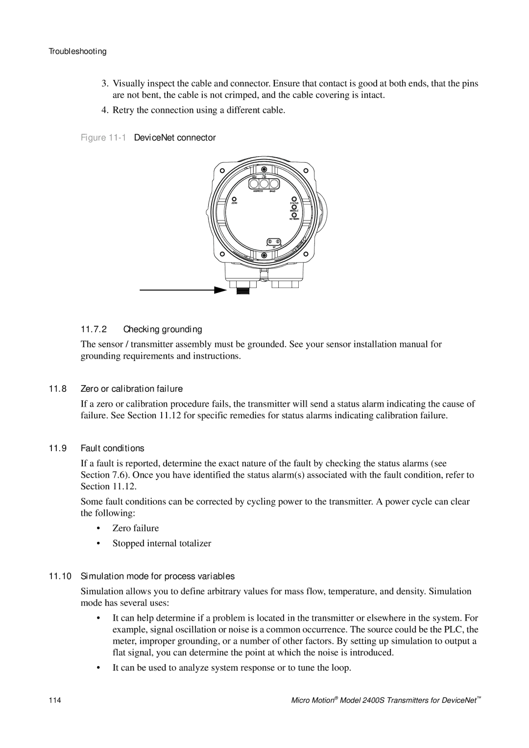 Emerson Process Management 2400S Zero or calibration failure, Fault conditions, Simulation mode for process variables 