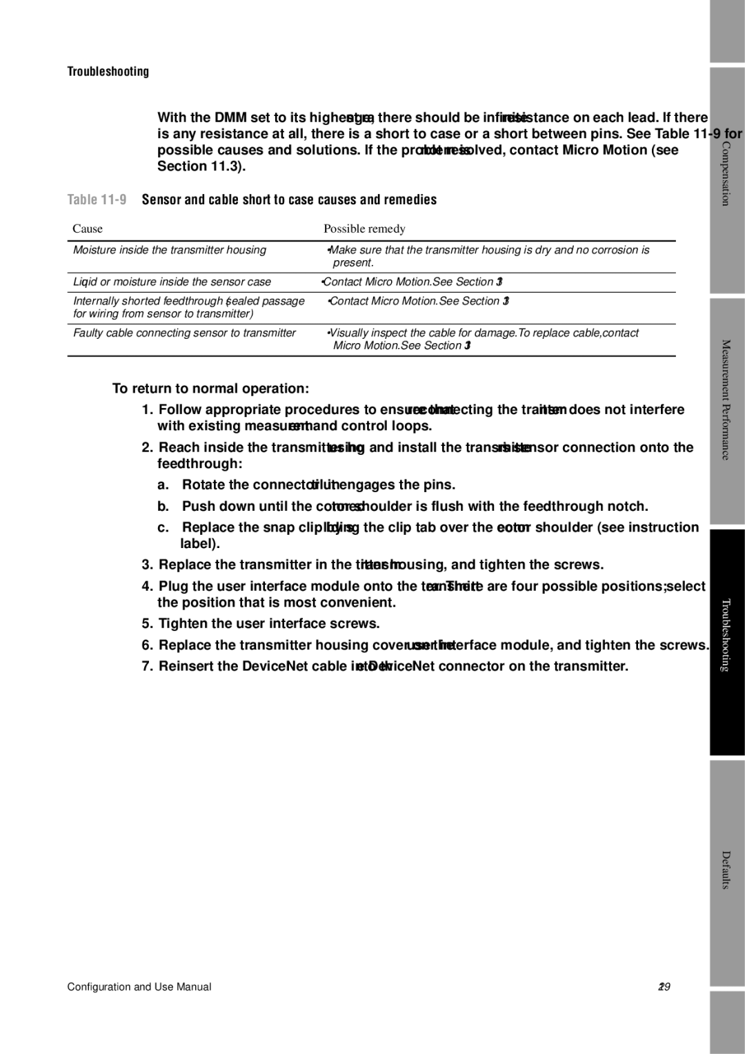 Emerson Process Management 2400S manual 9Sensor and cable short to case causes and remedies, Cause Possible remedy 