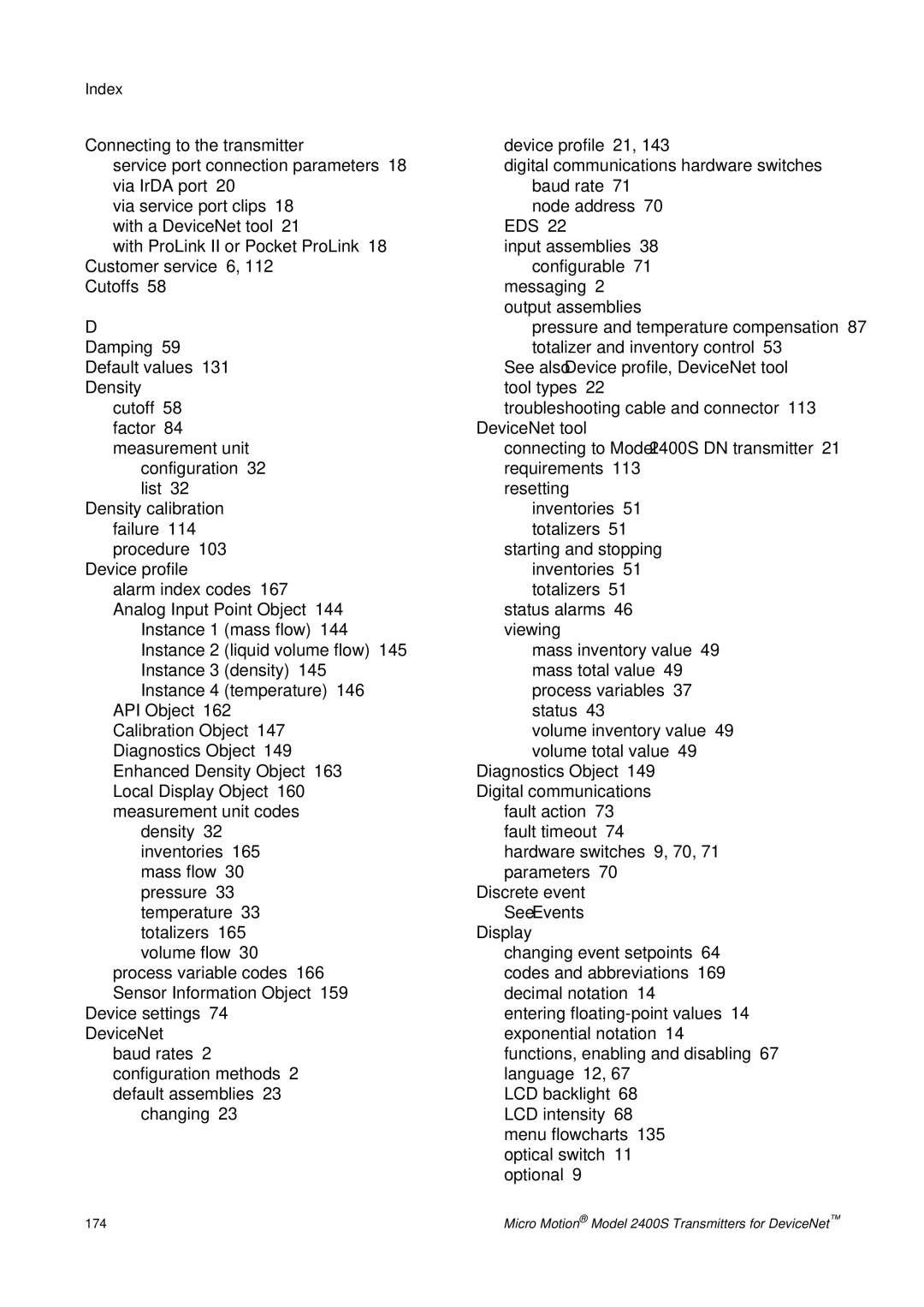 Emerson Process Management 2400S manual Index 