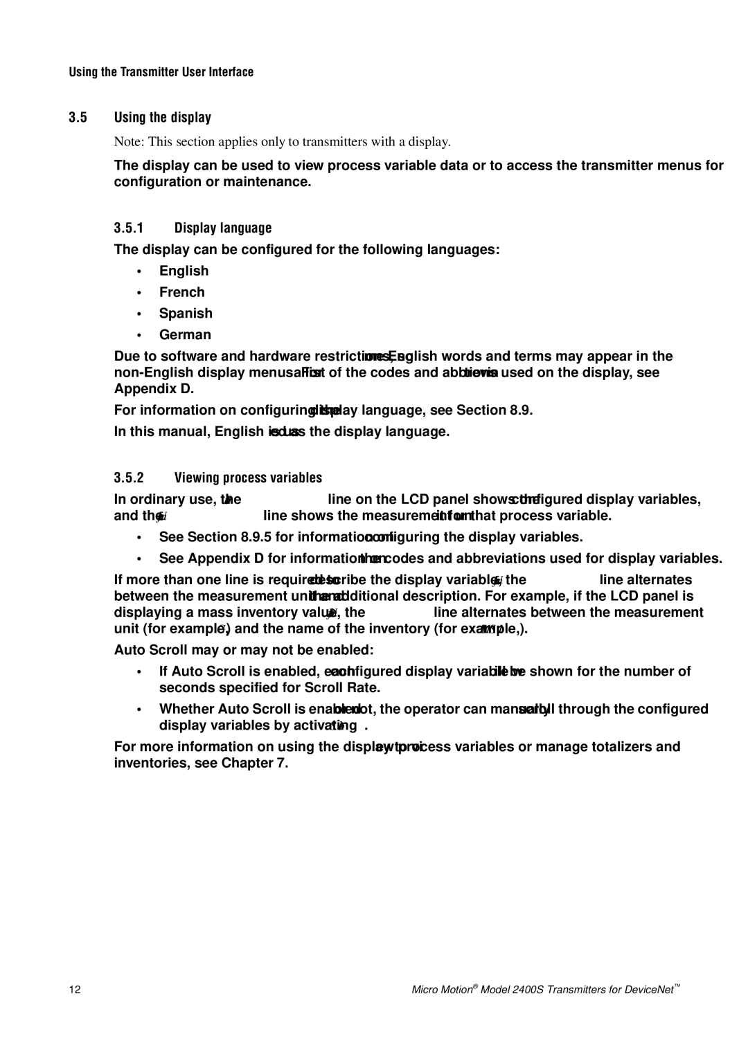 Emerson Process Management 2400S manual Using the display, Display language, Viewing process variables 