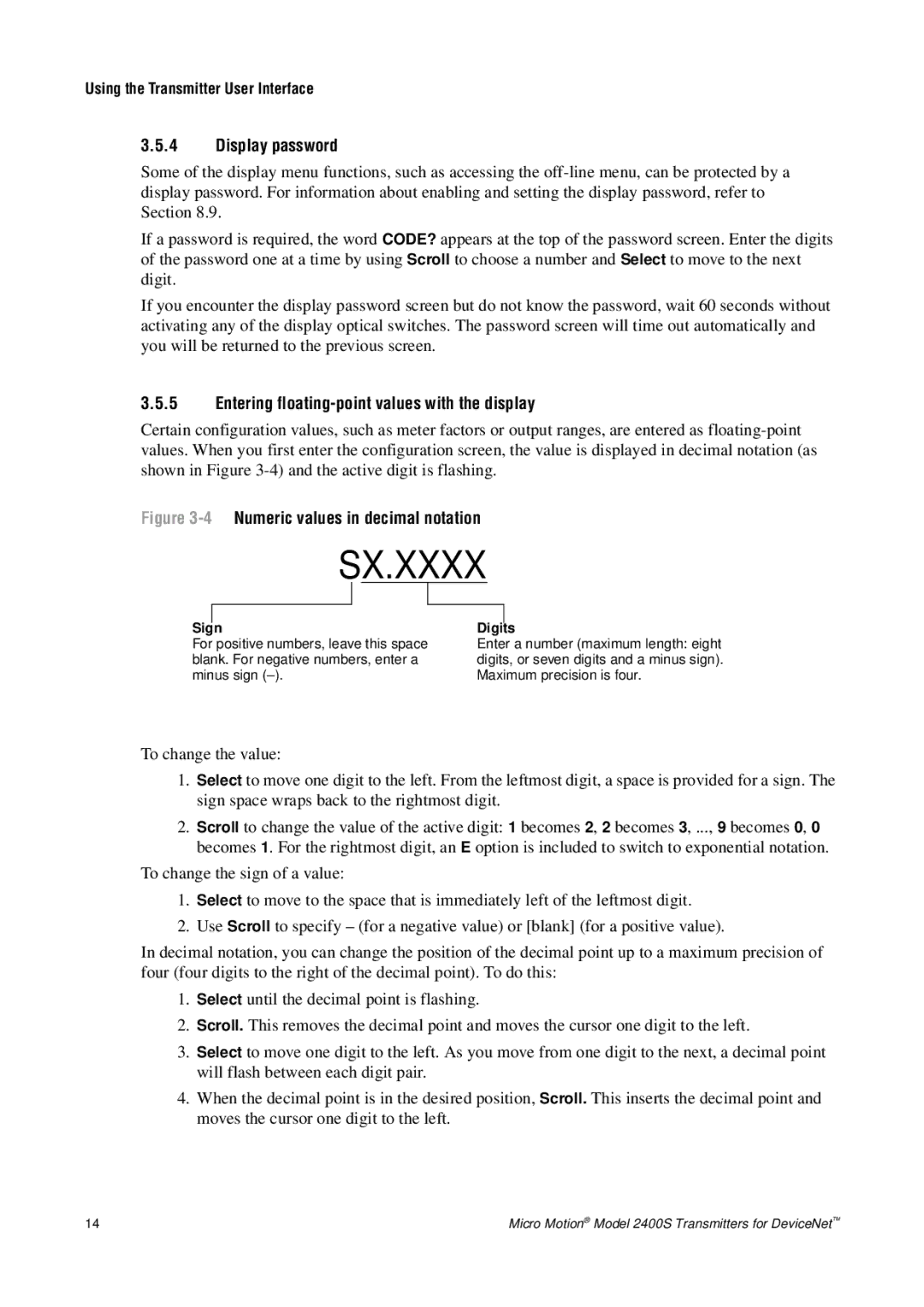 Emerson Process Management 2400S manual Display password, Entering floating-point values with the display 