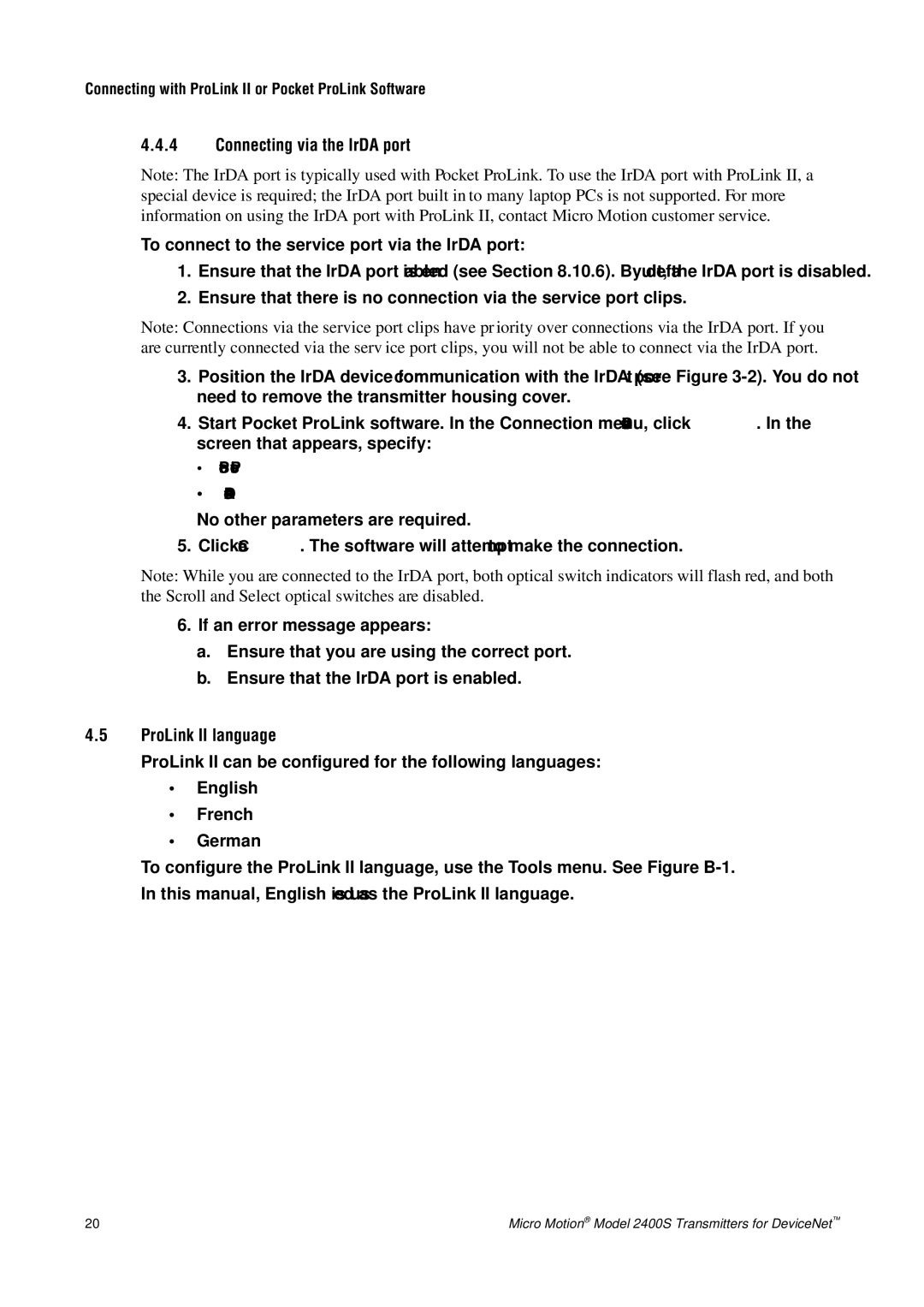 Emerson Process Management 2400S manual Connecting via the IrDA port, ProLink II language, Protocol Service Port IrDA Port 