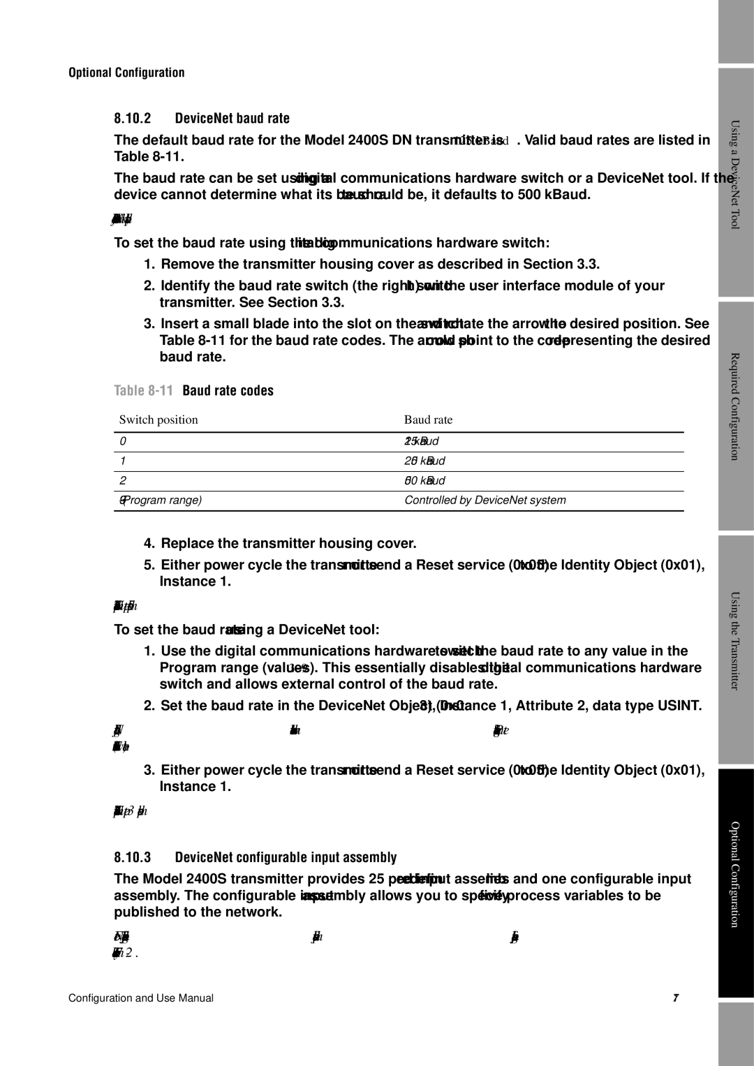 Emerson Process Management 2400S manual DeviceNet baud rate, 11Baud rate codes, DeviceNet configurable input assembly 