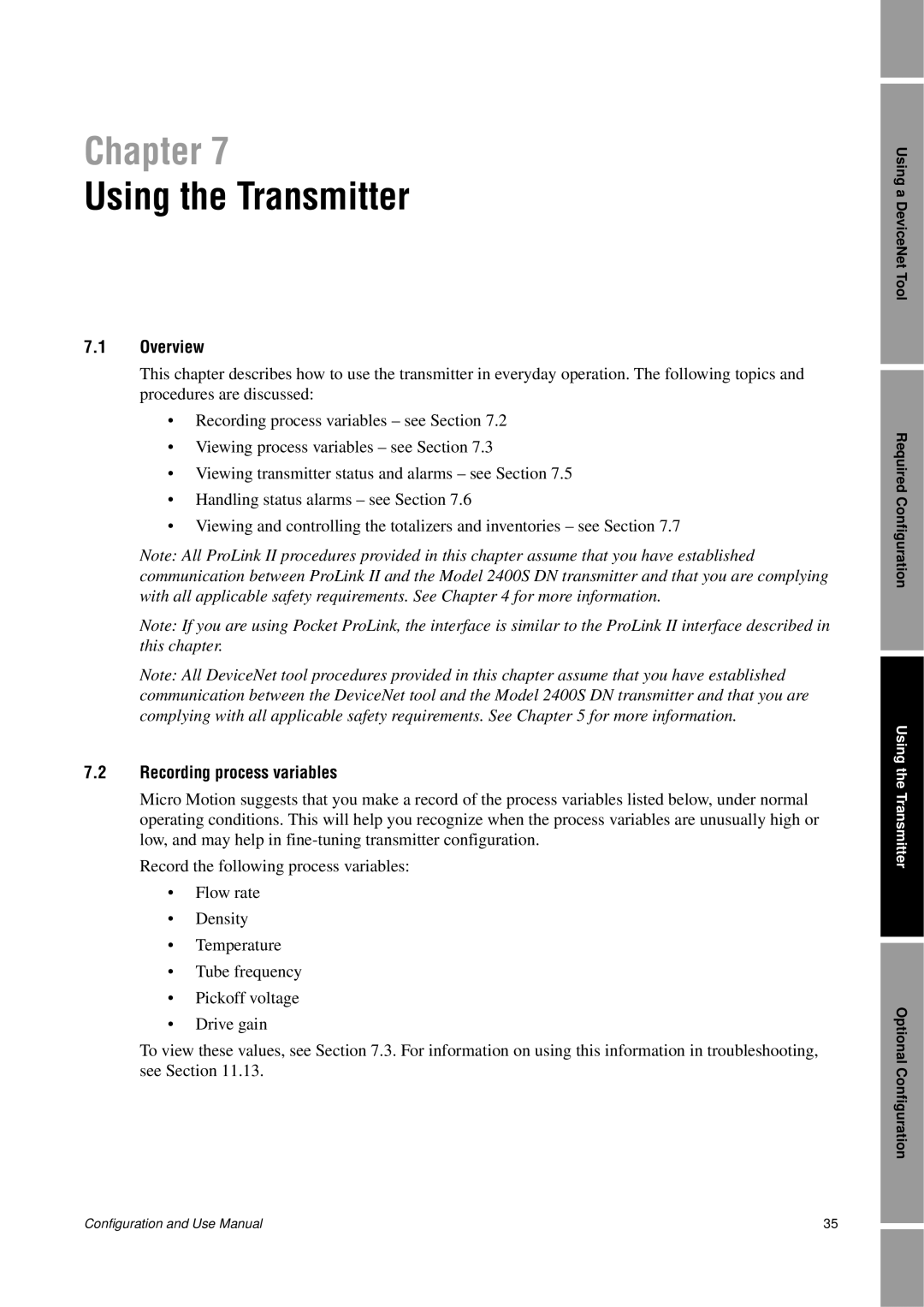 Emerson Process Management 2400S manual Using the Transmitter, Chapter, 7.1Overview, 7.2Recording process variables 