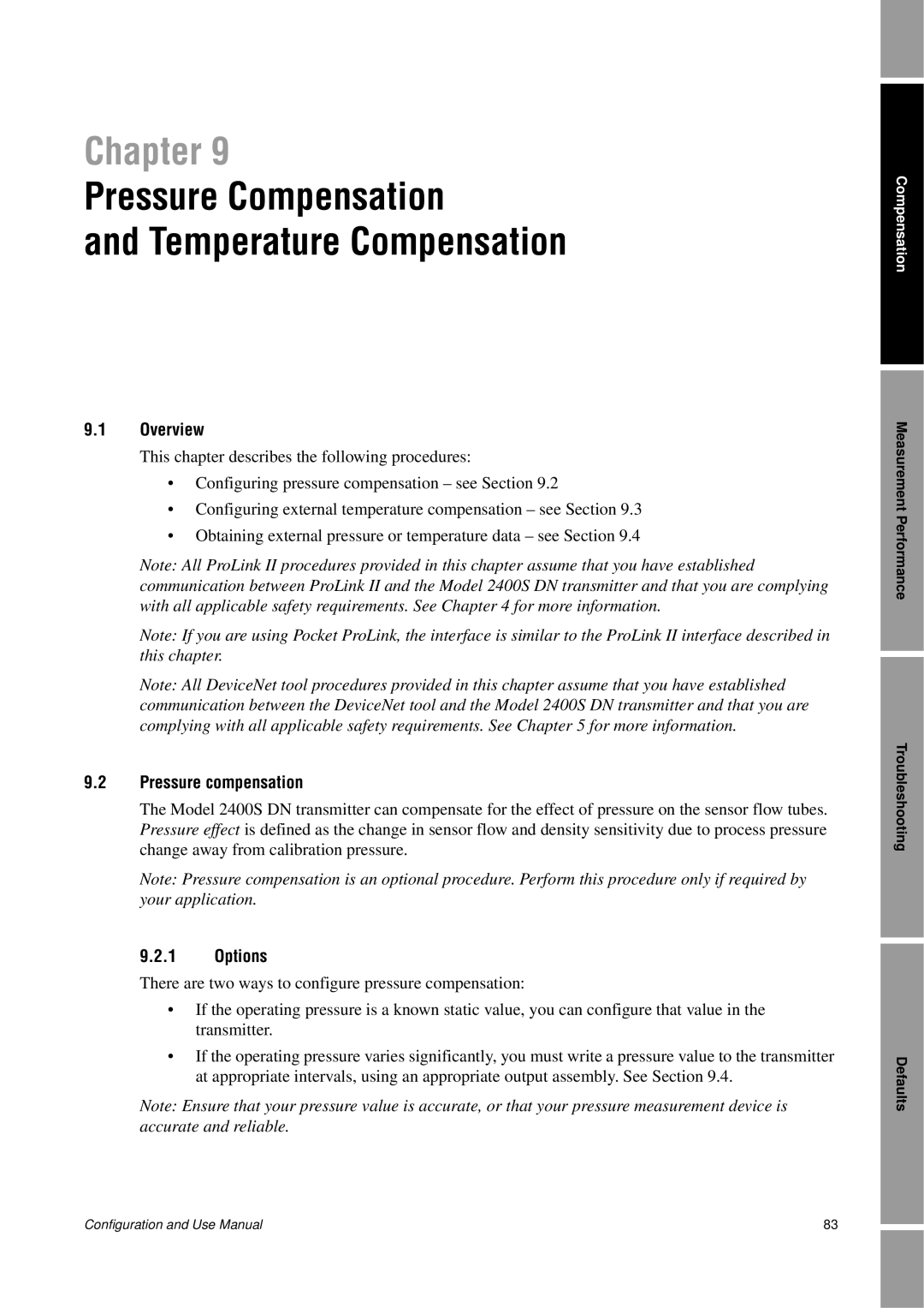 Emerson Process Management 2400S Pressure Compensation, and Temperature Compensation, Chapter, 9.1Overview, 9.2.1Options 