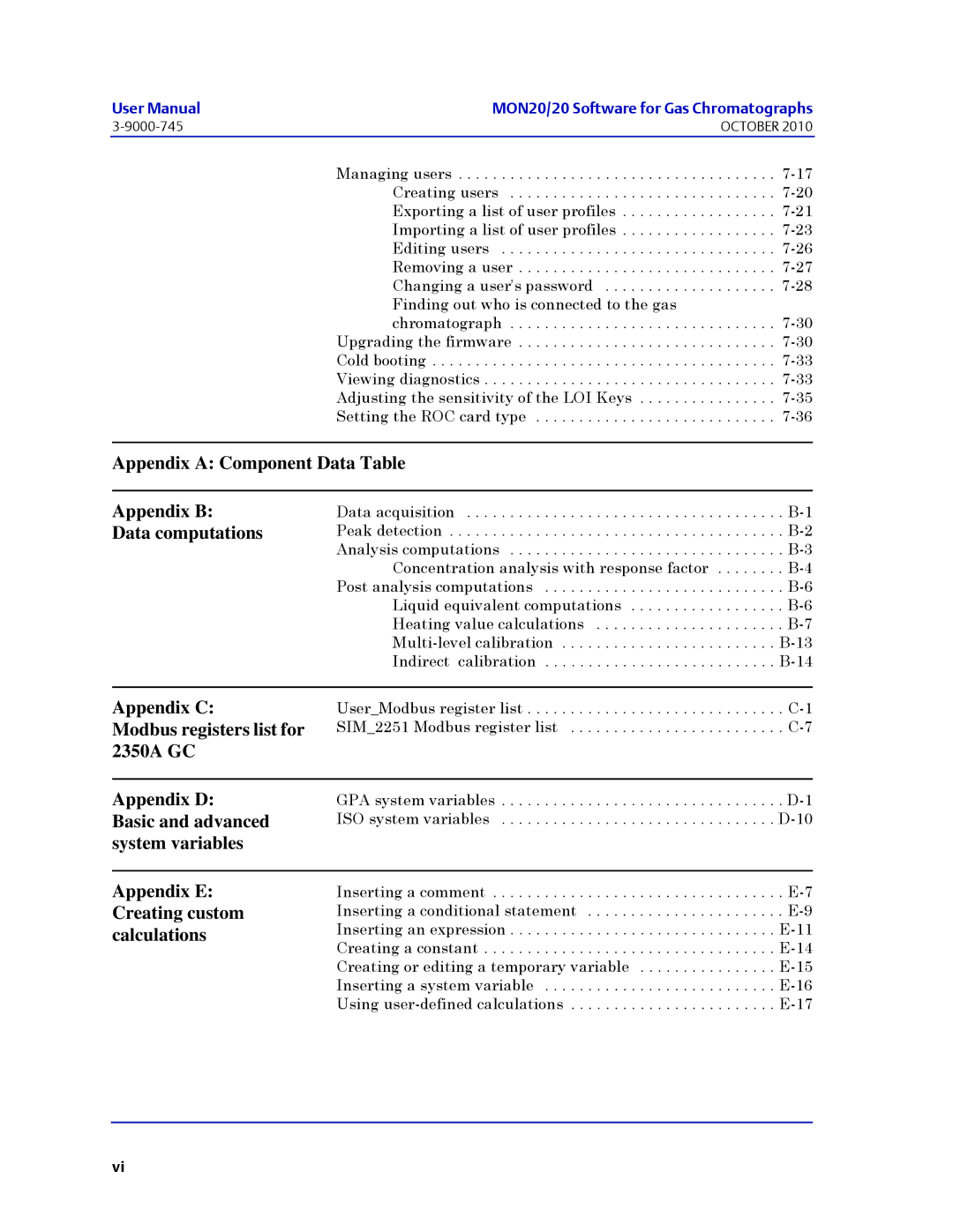 Emerson Process Management 3-9000-745 manual Appendix a Component Data Table Appendix B Data computations 