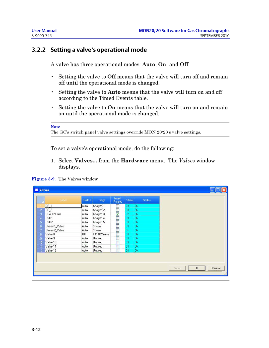 Emerson Process Management 3-9000-745 manual Setting a valve’s operational mode, Valves window 