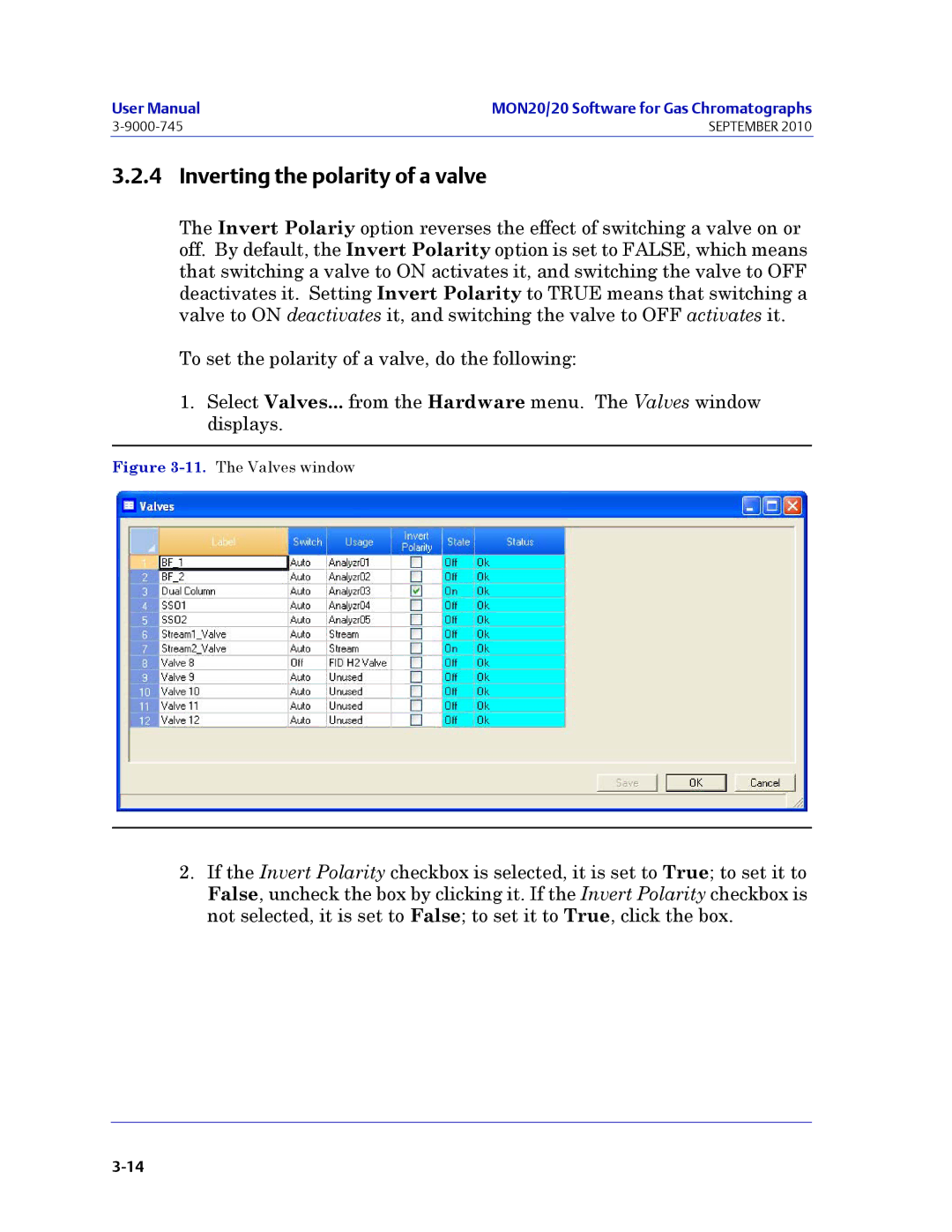 Emerson Process Management 3-9000-745 manual Inverting the polarity of a valve, The Valves window 