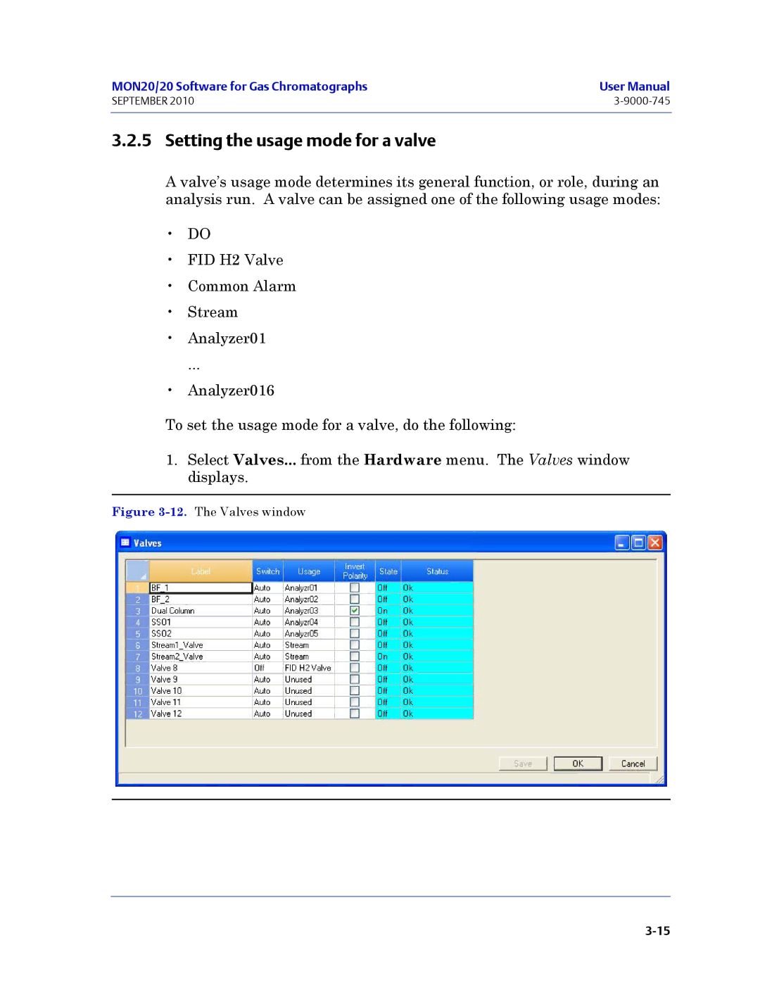 Emerson Process Management 3-9000-745 manual Setting the usage mode for a valve, The Valves window 