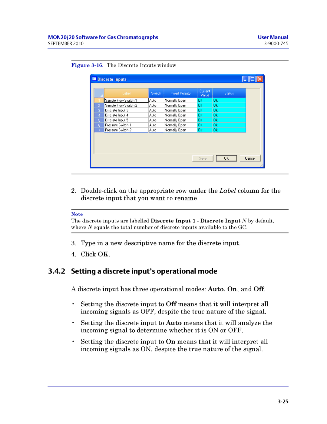 Emerson Process Management 3-9000-745 manual Setting a discrete input’s operational mode, The Discrete Inputs window 