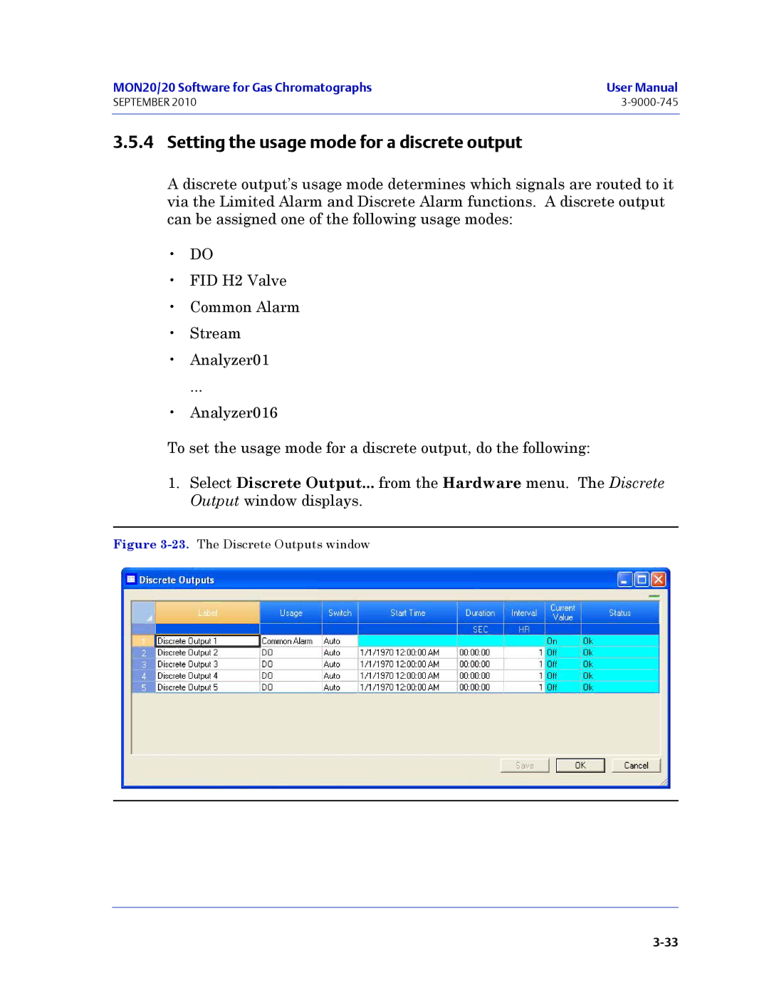 Emerson Process Management 3-9000-745 manual Setting the usage mode for a discrete output, The Discrete Outputs window 