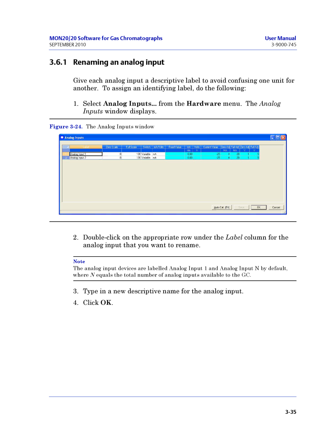 Emerson Process Management 3-9000-745 manual Renaming an analog input, The Analog Inputs window 