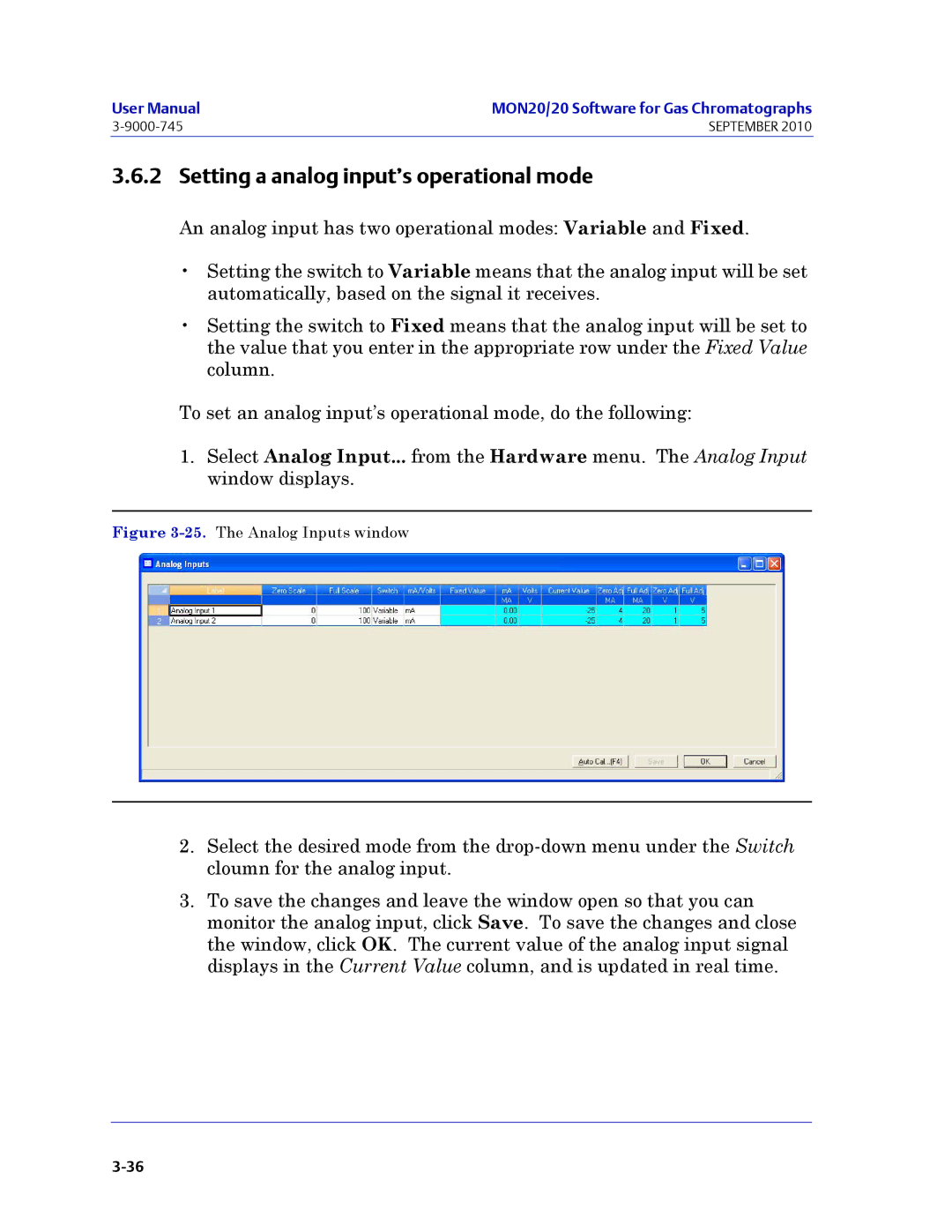 Emerson Process Management 3-9000-745 manual Setting a analog input’s operational mode, The Analog Inputs window 