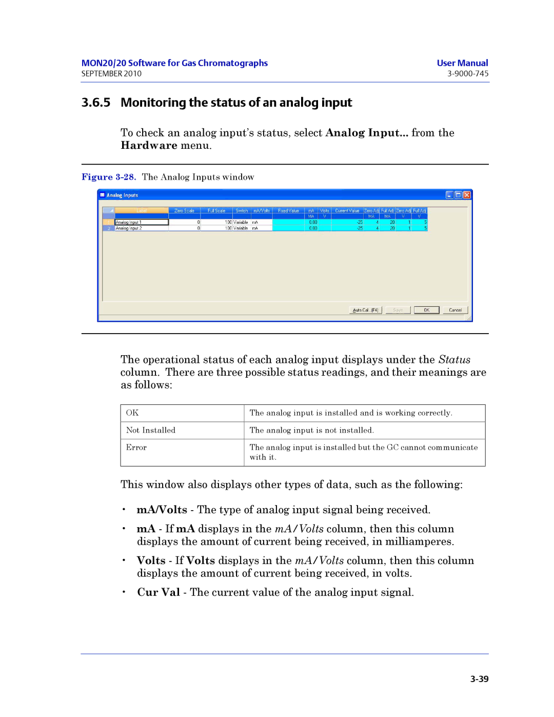 Emerson Process Management 3-9000-745 manual Monitoring the status of an analog input, The Analog Inputs window 