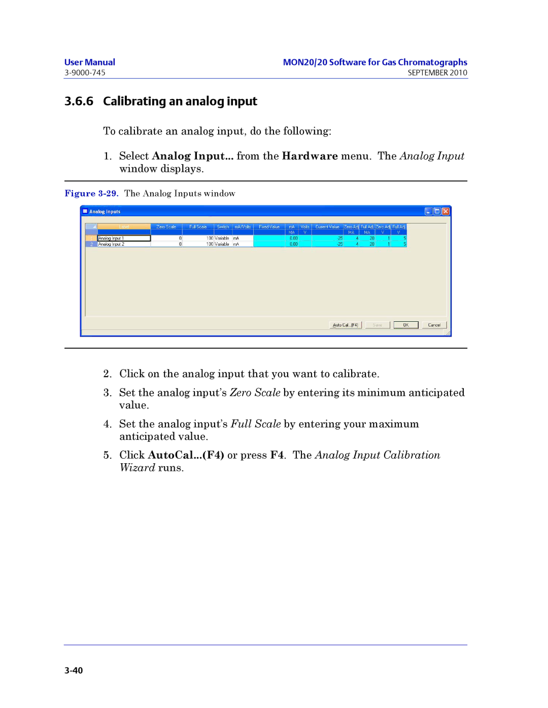 Emerson Process Management 3-9000-745 manual Calibrating an analog input, The Analog Inputs window 