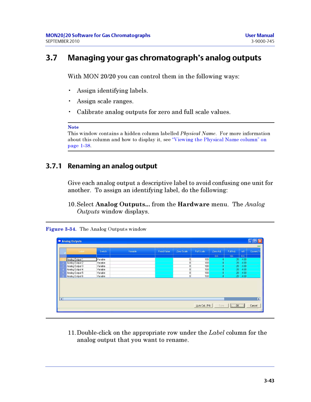 Emerson Process Management 3-9000-745 manual Managing your gas chromatograph’s analog outputs, Renaming an analog output 