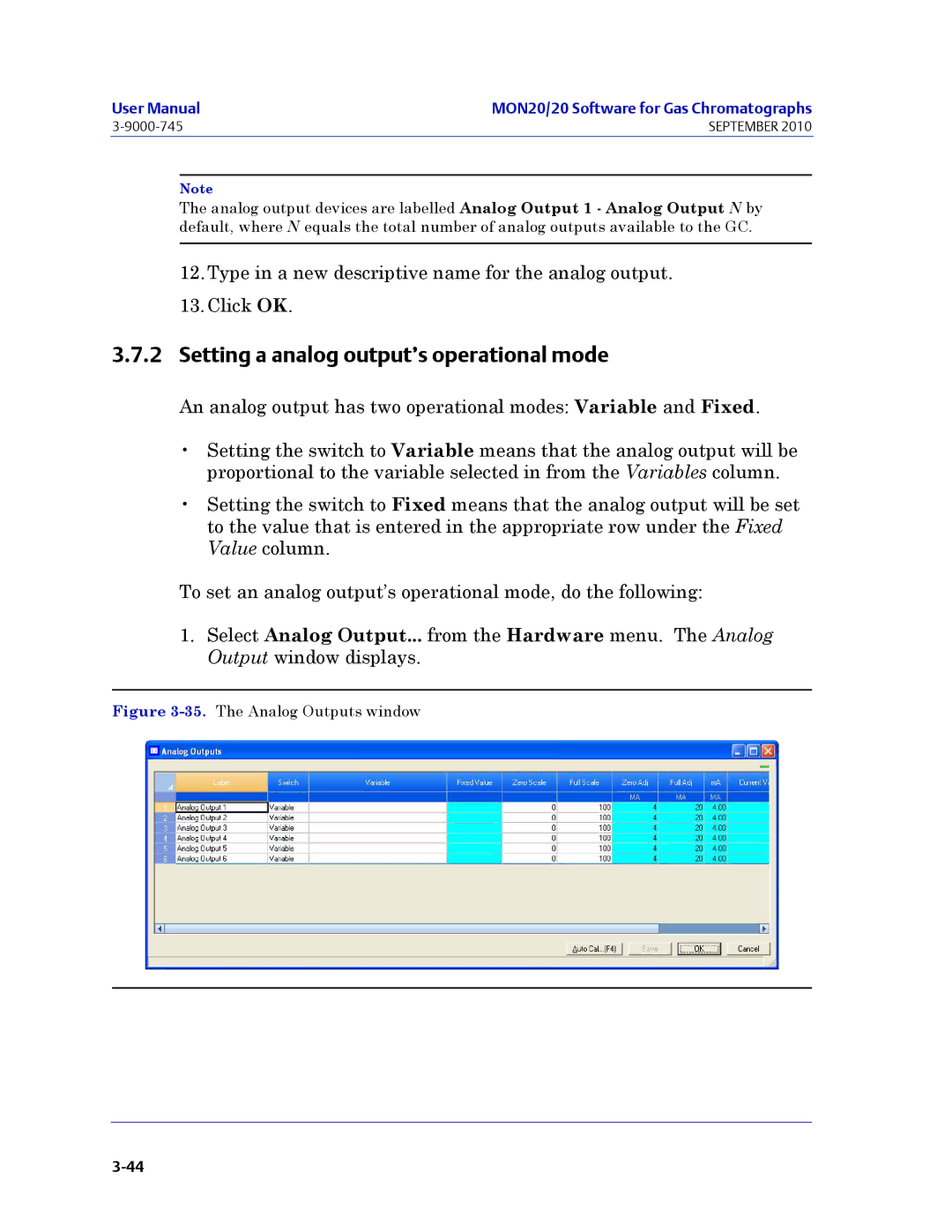 Emerson Process Management 3-9000-745 manual Setting a analog output’s operational mode, The Analog Outputs window 