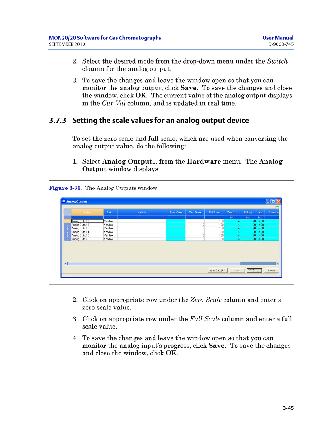 Emerson Process Management 3-9000-745 Setting the scale values for an analog output device, The Analog Outputs window 