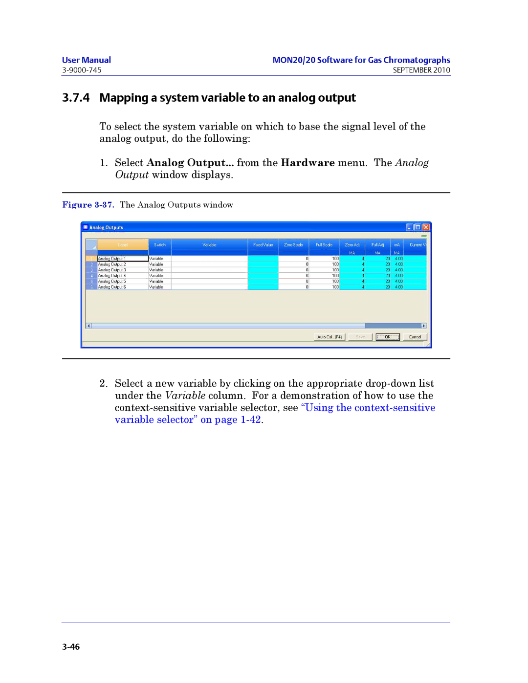 Emerson Process Management 3-9000-745 manual Mapping a system variable to an analog output, The Analog Outputs window 