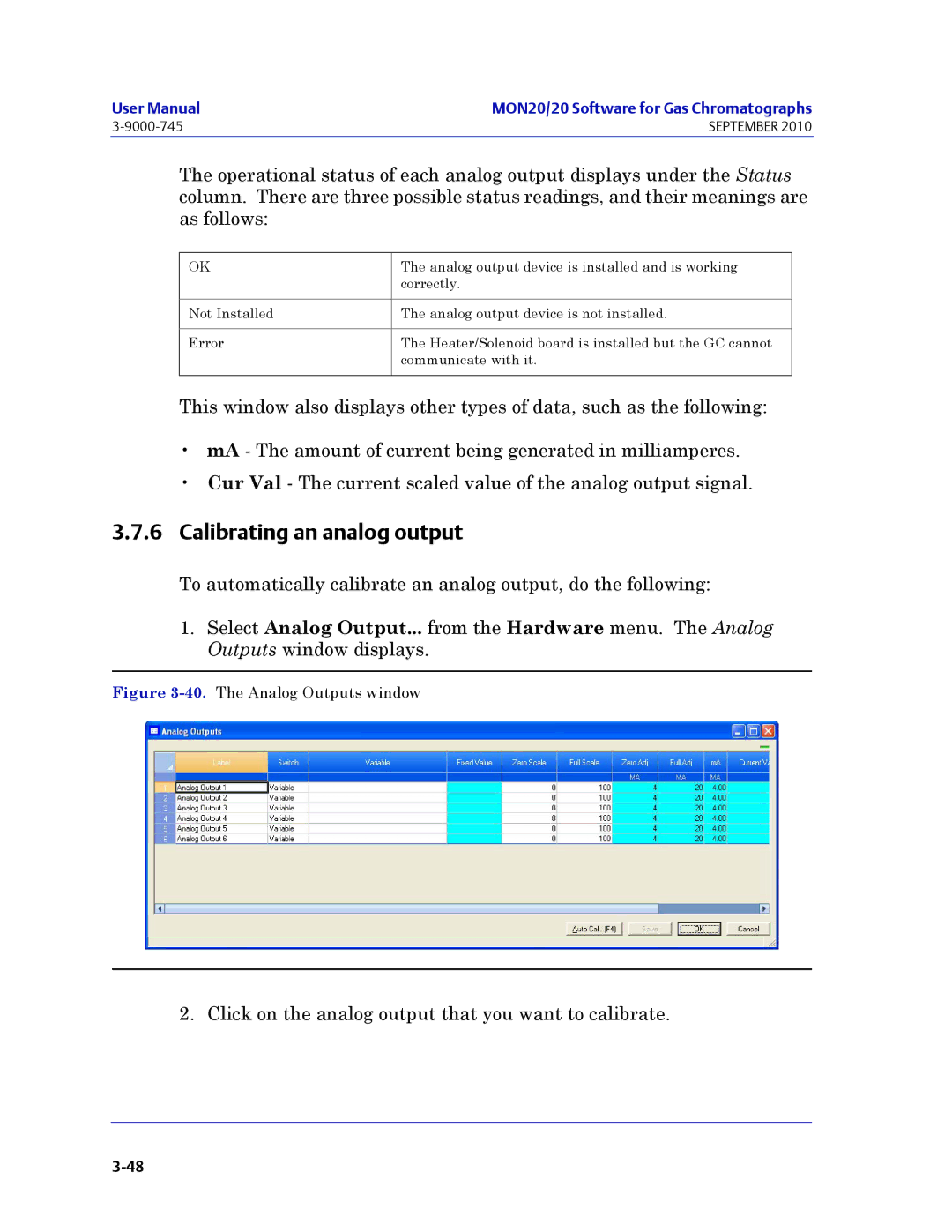 Emerson Process Management 3-9000-745 manual Calibrating an analog output, The Analog Outputs window 