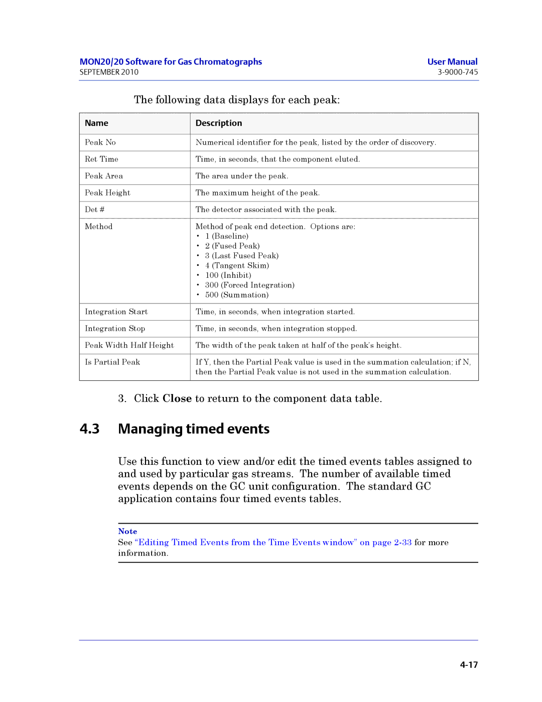 Emerson Process Management 3-9000-745 manual Managing timed events, Following data displays for each peak 