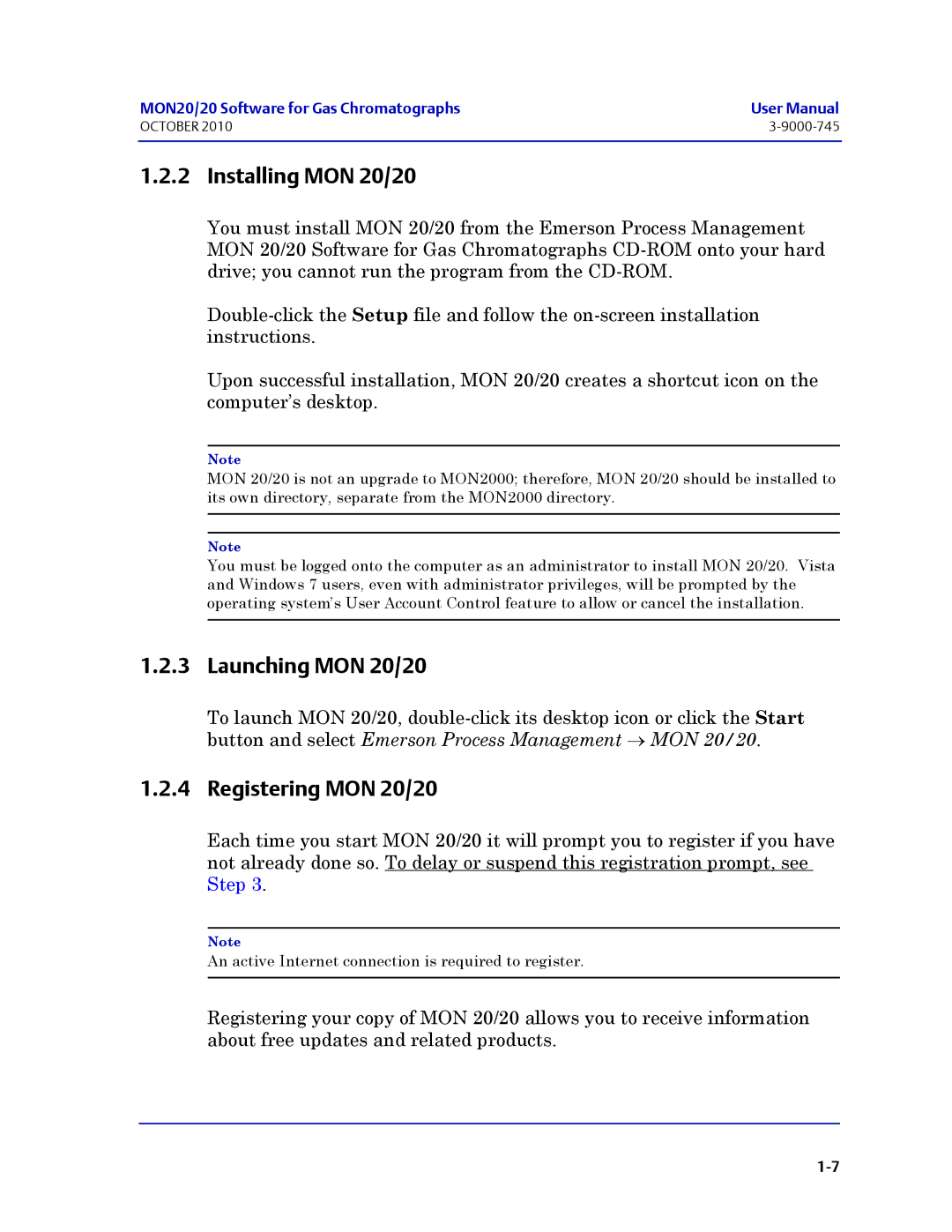 Emerson Process Management 3-9000-745 manual Installing MON 20/20, Launching MON 20/20, Registering MON 20/20 