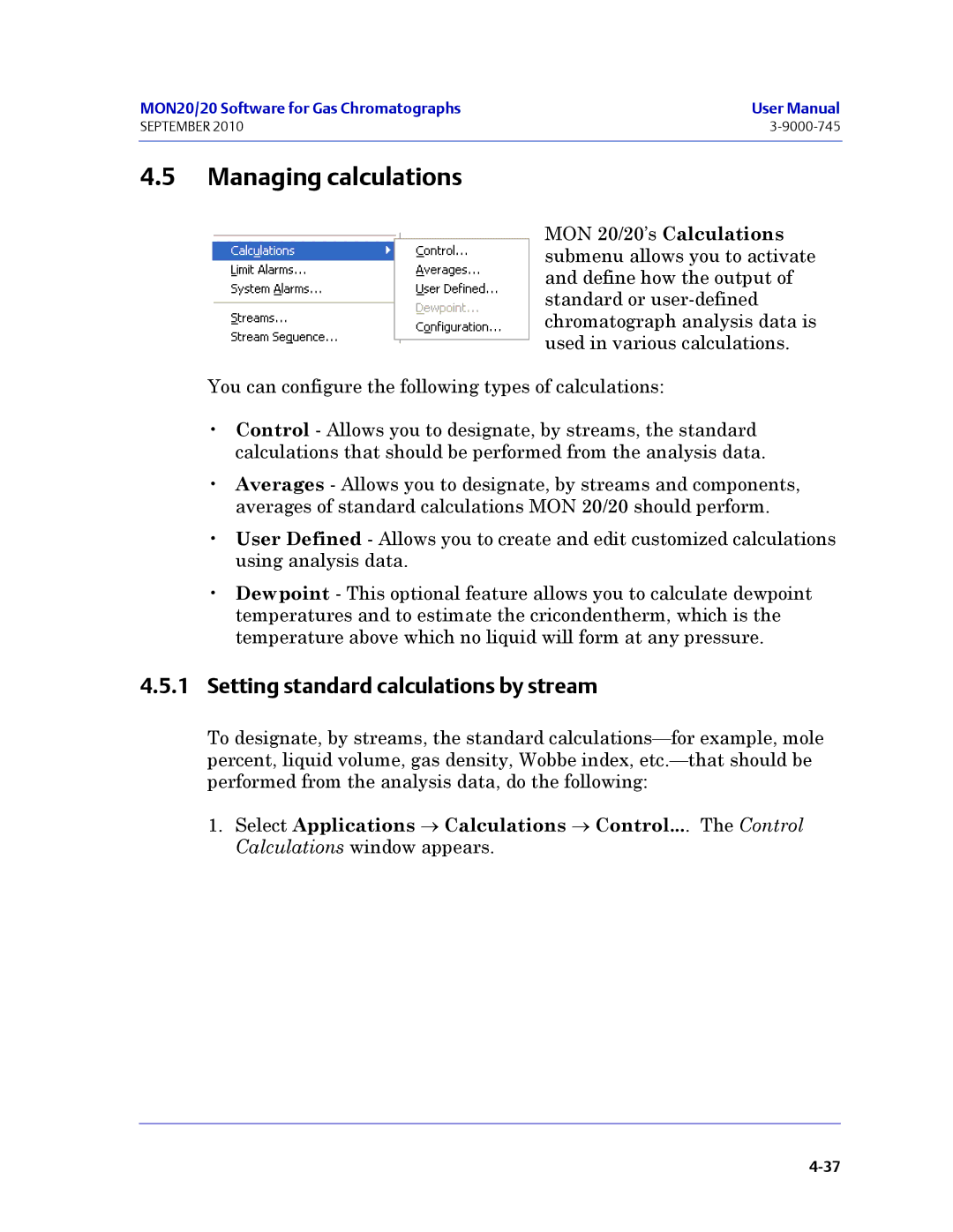 Emerson Process Management 3-9000-745 manual Managing calculations, Setting standard calculations by stream 